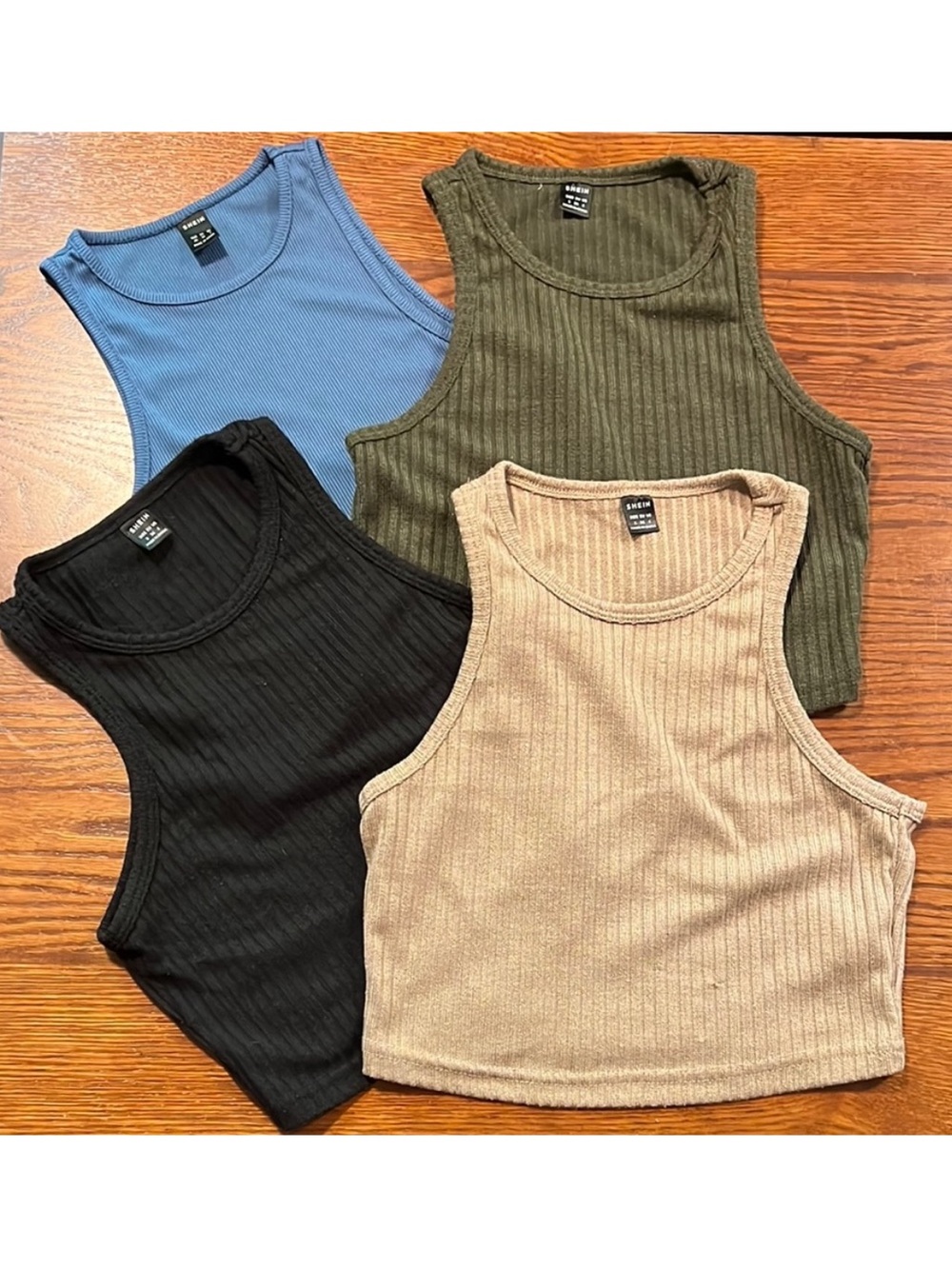 SHEIN • Women’s XS/S • Ribbed Cropped Tank Tops • Black, Beige, Olive, Blue Lot